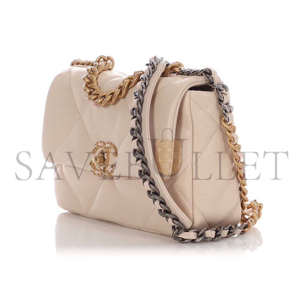 Ch*el ecru quilted lambskin Ch*el 19 flap bag mixed hardware as1160 (26*16*9cm)